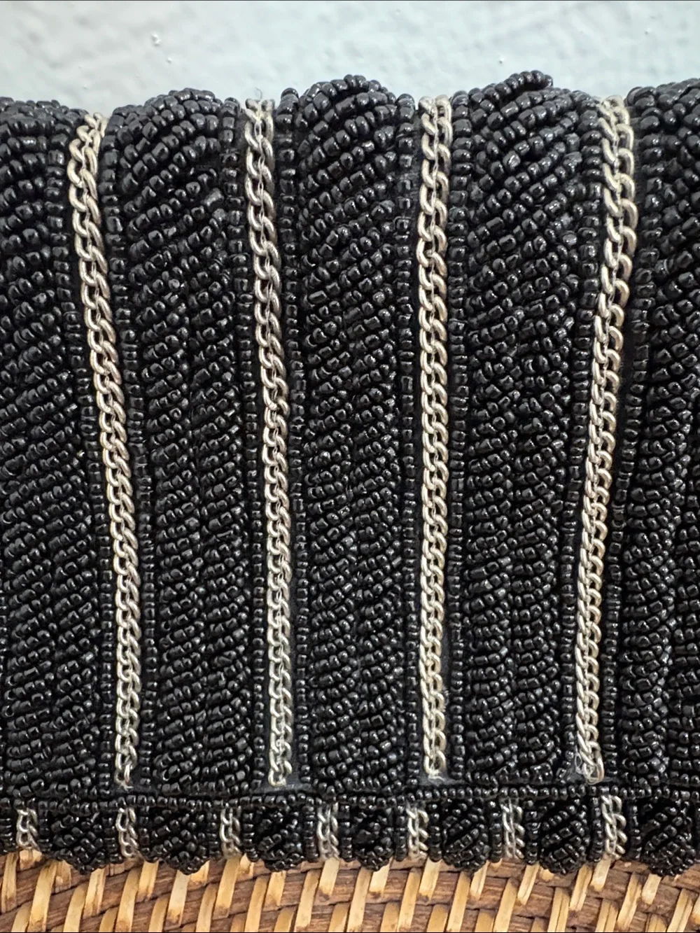 From St Xavier Beaded Striped Evening Clutch Handbag Chain Strap Black Silver